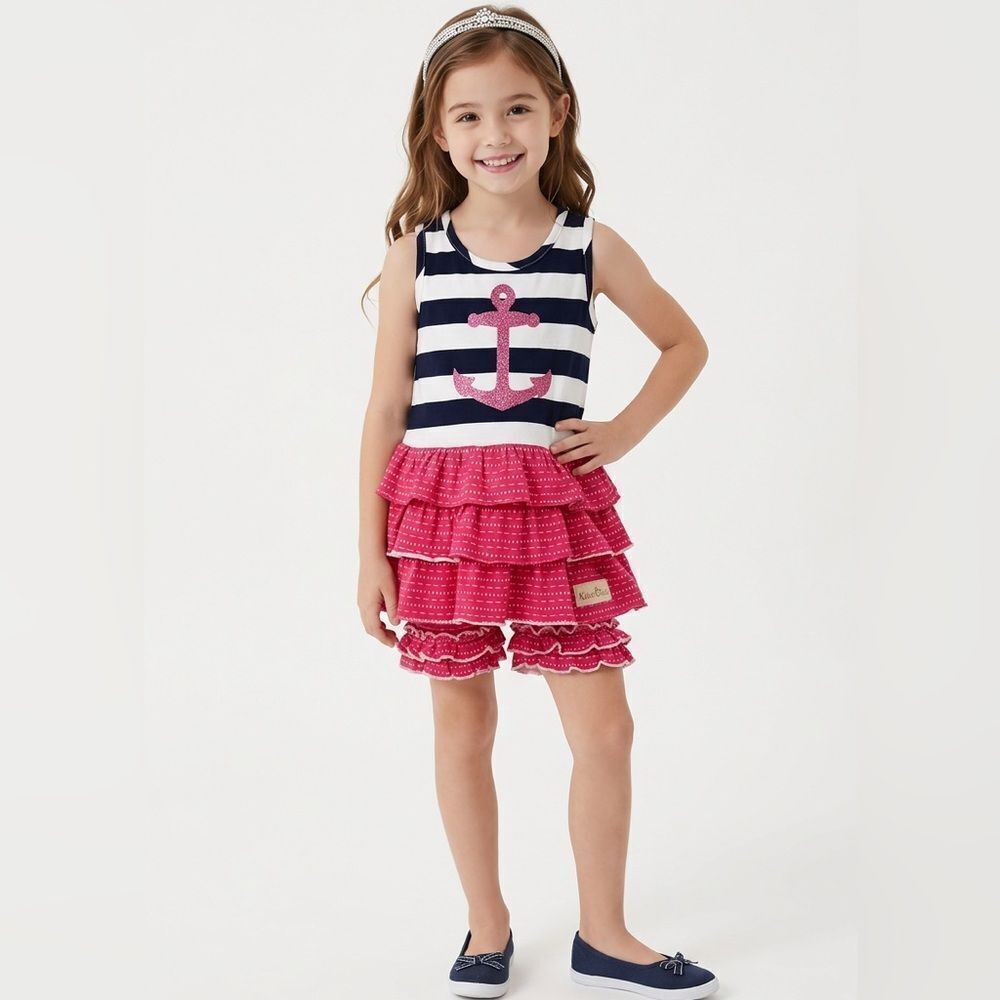 Katie and Olive Nautical Striped Dress with Anchor and Ruffle Shorts 18 months